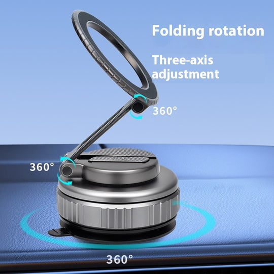 Magnetic phone mount with vacuum suction base and 360° rotation — silver and gunmetal colors on dashboard"