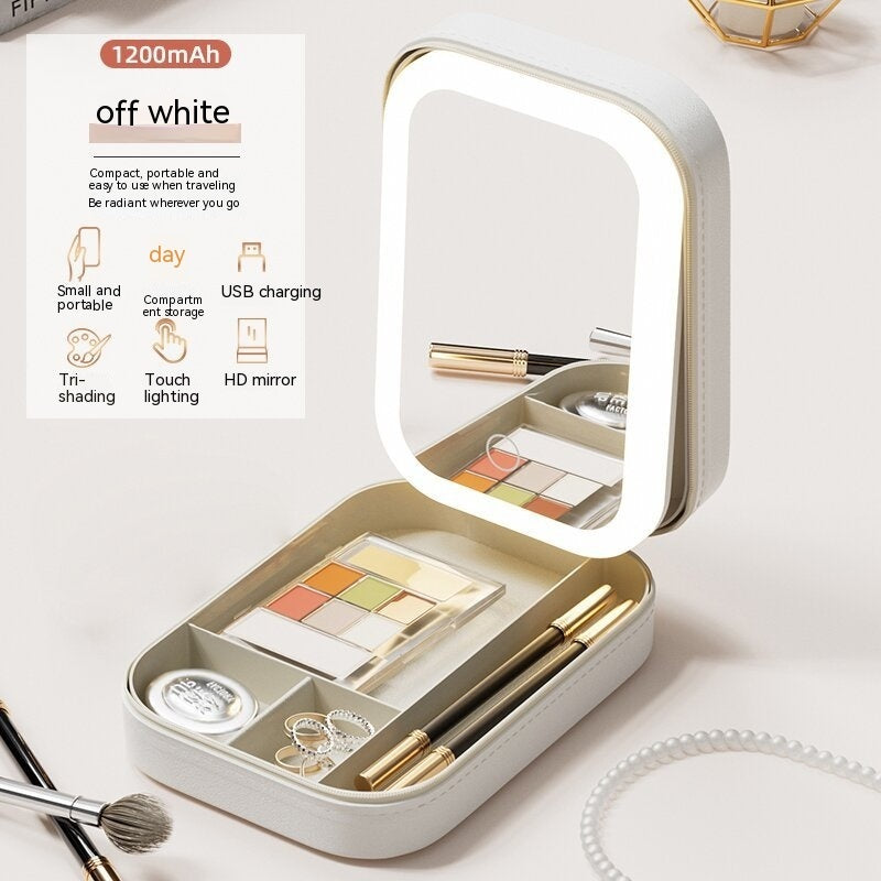 Off white LED makeup mirror with cosmetic storage, USB charging, touch lighting, and HD mirror – perfect for travel and daily beauty routines
