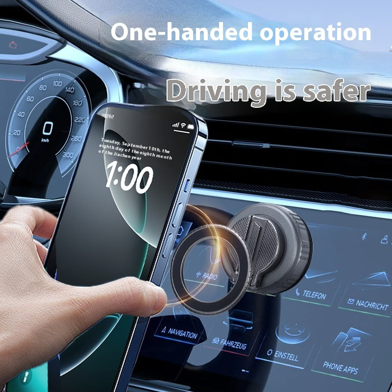 Magnetic phone mount with vacuum suction base and 360° rotation — silver and gunmetal colors on dashboard"