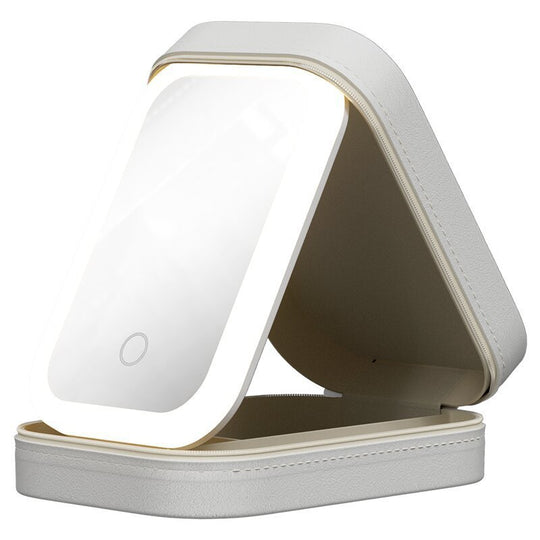 Portable green LED makeup mirror with storage compartments, touch light, USB charging, and HD mirror for travel and cosmetics
