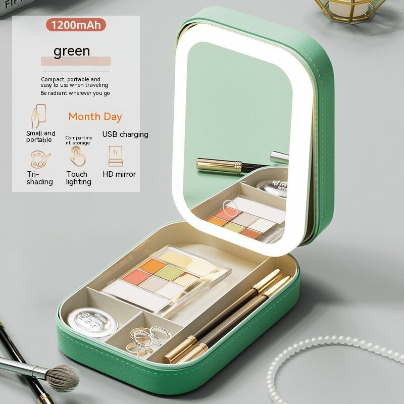Portable green LED makeup mirror with storage compartments, touch light, USB charging, and HD mirror for travel and cosmetics
