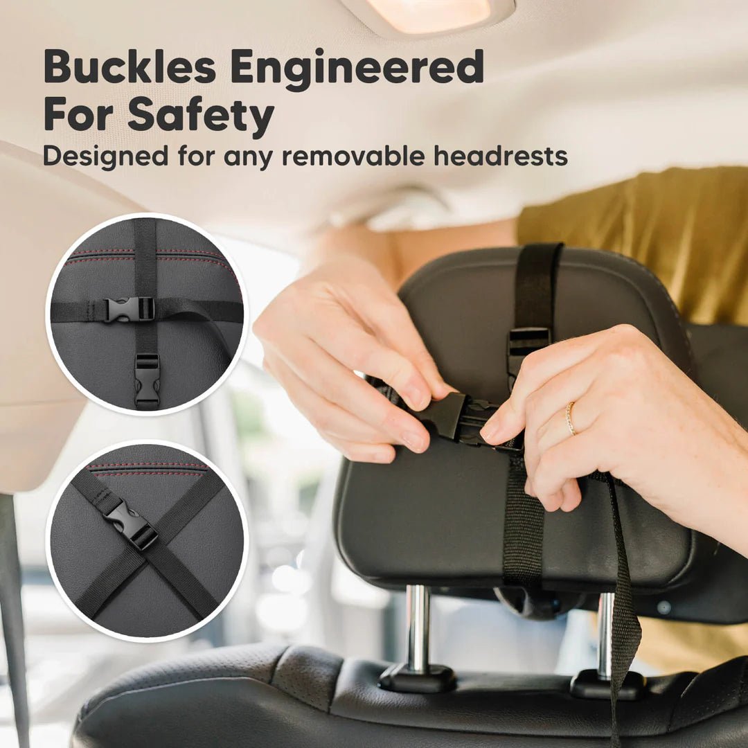 Baby in a car seat visible through the Mom&Baby™ Baby Car Rearview Mirror securely attached to a car headrest. Provides a wide-angle, clear view for safe driving.