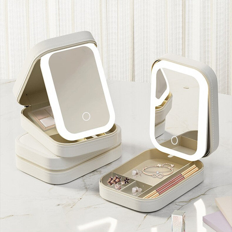 Off white LED makeup mirror with cosmetic storage, USB charging, touch lighting, and HD mirror – perfect for travel and daily beauty routines
