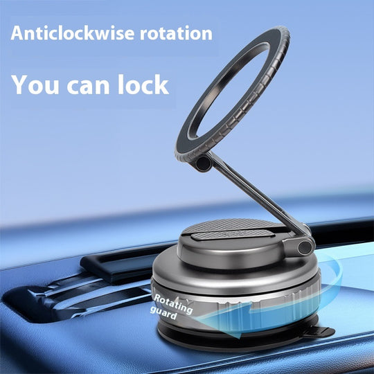 Magnetic phone mount with vacuum suction base and 360° rotation — silver and gunmetal colors on dashboard"