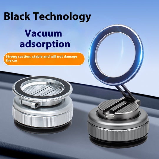 Magnetic phone mount with vacuum suction base and 360° rotation — silver and gunmetal colors on dashboard"