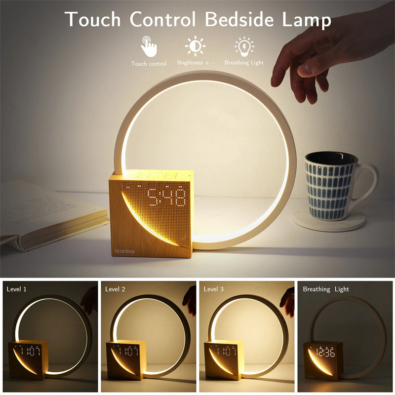 Modern LED bedside lamp with wooden base, circular light ring, and digital alarm clock showing nature sounds and sunrise simulation.