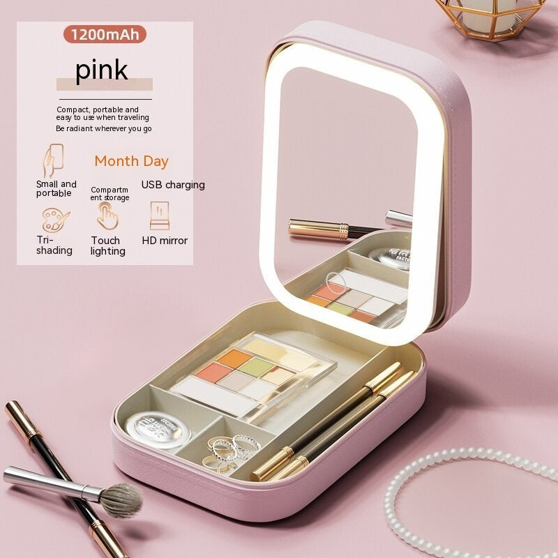 Pink portable LED makeup mirror with storage, touch light, USB charging, and HD mirror – ideal for cosmetics, skincare, and travel
