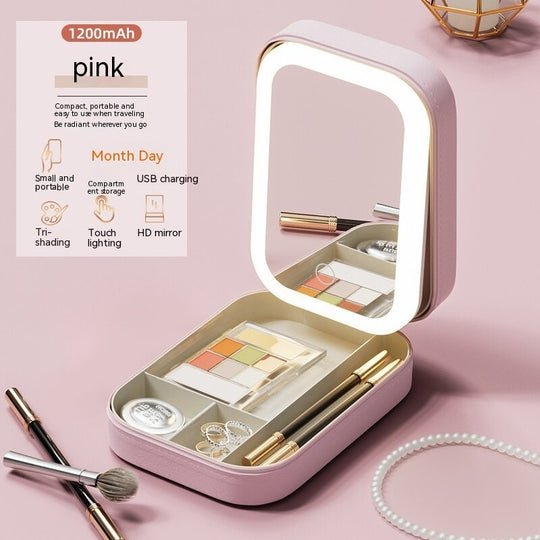 Pink portable LED makeup mirror with storage, touch light, USB charging, and HD mirror – ideal for cosmetics, skincare, and travel
